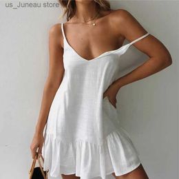 Basic Casual Dresses Spaghetti Strap Ruffle Dress Women Summer Dress 2023 Cotton Linen Vestidos Shift Grn Dresses Off Shoulder Sexy mini Sundress 1 T240415