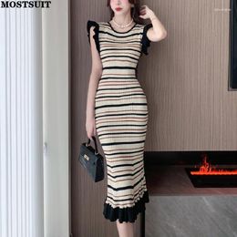 Casual Dresses Sleeveless Striped Slim Knit Bodycon Dress Women 2024 Summer Vintage Elegant Color Blocking Ladies Pencil Vestidos Mujer