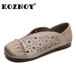 Casual Shoes Koznoy 1.5cm Genuine Leather Shallow Comfy Soft Soled Moccasins Summer Woman Ethnic Elegance Luxury Hollow Flats Ladies