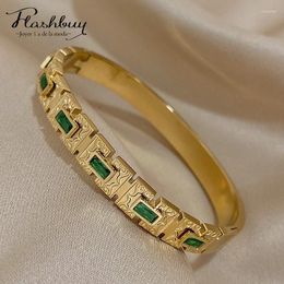 Bangle Flashbuy Vintage Inlay Green Zircon Rectangle Stainless Steel Bangles Bracelets For Women Statement Wrist Waterproof Jewelry