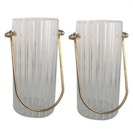 Vases Clear Cylinder Glass Flower Vase With Metal Carry Handle Round Striped Lines