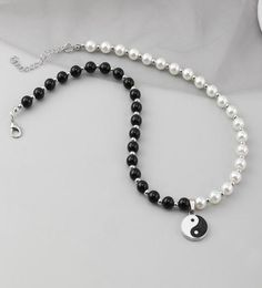 Chokers Round Pearl Beads Yin Yang Taichi Pendant Stainless Steel Chain Unisex Necklace Couple Jewellery Women Mens1838706