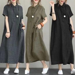 Women Cotton Linen Pocket Dress Korean ONeck Short Sleeve Loose Solid Midi Shirt Dresses 240412