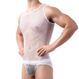 Men's Transparent Herringbone Vest with Large Mesh, Sexy and Sexy Fishing Net Hollow Pajama T-shirt, Men's Pants Not Included