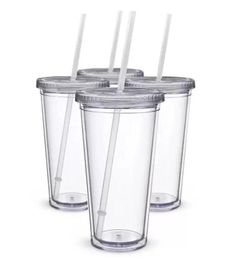 16oz Plastic Tumblers Double Wall Acrylic Clear Drinking Juice Cup With Lid And Straw Coffee Mug DIY Transparent Mugs FY53912103269