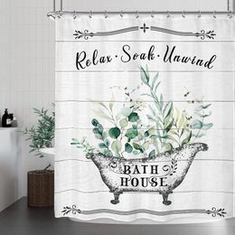 Shower Curtains Vintage Bathroom Rules Curtain Rustic Farmhouse Wooden Board Green Leaves Inspirational Quote Bathtub Decor