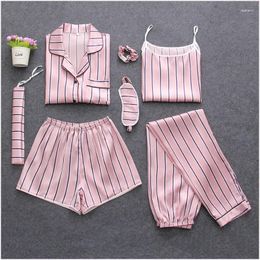 Home Clothing Strap Sleepwear Pyjamas Women's 7 Pieces Pink Pajamas Sets Satin Silk Lingerie Homewear Set Pijamas For Woman