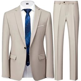 Spring Autumn Fashion Mens Business Casual Solid Colour Suits Male One Button Blazers Jacker Coat Trousers Pants 240412