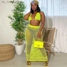 Women's Swimwear hirigin Hollow Out Crochet Sexy Summer Two Piece Set Top and Skirts Matching Sets Beach Cover Up Neon Club Outfits T240412