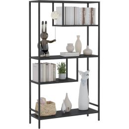 Yusong Black Bookshelf, Industrial Bookcase Open Storage Shelves with Metal Frame, Freestanding Display Rack Tall Shelving Unit