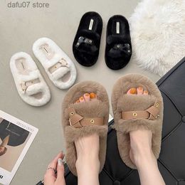 Slippers Fury slippers for women wearing thick soles outdoor wear. New 2024 Spring and Autumn Online Red One Word Home Cute Cotton Winter H240412