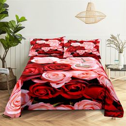 Fresh Pink Rose Queen Sheet Set Kid's Girl Room Flower Bedding Set Bed Sheets and Pillowcases Bedding Flat Sheet Bed Sheet Set