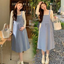 Maternity Dresses 2024 Spring New Fashion Maternity Sling Dresses Shirts Sets Casual Sweet Clothes for Pregnant Women Drawstring Pockets Pregnancy 240412