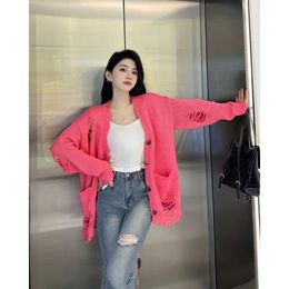 Women's Knits & Tees Ce23 Autumn/winter Irregular Hole Rose Pink Loose Long Sleeved Sweater Cardigan Versatile 117