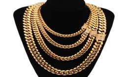 818mm wide Stainless Steel Cuban Miami Chains Necklaces CZ Zircon Box Lock Big Heavy Gold Chain for Men Hip Hop Rock jewelry1935461