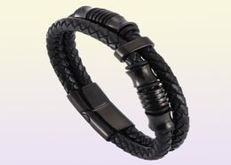 Double Woven Leather Bracelet For Men Punk Jewelry Black Stainless Steel Magnetic Clasp Wristband Fashion Bangles Gifts Bangle4824488