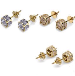 New Fashionv18K Real Gold Hip Hop CZ Zirconia Round Stud Earrings 07cm for Men Full Diamond Earring Studs Rapper Jewelry Gifts fo6522310