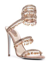 Diamond RENE CAOVILLA CRYSTAL High Heel Sandals Women039s Ankle Snake Wrap Pendant slippers Water Drop drill Ladies Wedding Ban8112291609