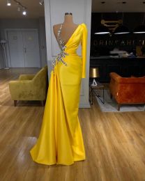 Yellow Evening Dresses with Crystal V Neck Long Sleeve Mermaid Prom Dress Party Wear Real Photo Custom Made