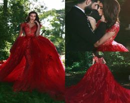 Red Sexy Mermaid Evening Gown With Detachable Train Lace Applique Beads Sweep Train Prom Dress Cap Sleeve Illusion Formal Gown Par5953399