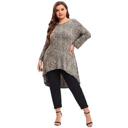Plus Size Long Sleeve Leopard Print Casual Hi Low Tunic Women Long Fit Flare Loose Swing Blouse And Tops Large Size T Shirt 5XL