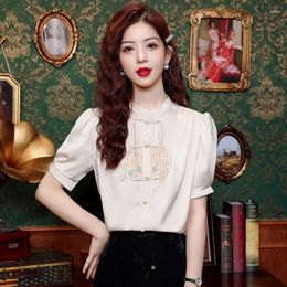 Women's Blouses Satin Shirts Chinese Style Embroidery Loose Fashion Short Sleeve Women Tops Summer Vintage Clothing YCMYUNYAN