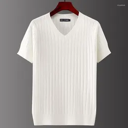 Men's T Shirts Short Sleeve T-shirts V-neck Casual Knitting Striped Tops All-match Solid Color Pullover Soft Slim Fit Breathable Shirt