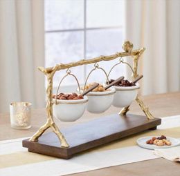 Dishes Plates Gold Oak Branch Snack Bowl Stand Resin Christmas Rack With Removable Basket Organiser Party Decorations1457563