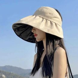 Visors Wide Brim Hats Bucket Hats YOYOCORN New summer sun hat with pearl adjustable big heads wide-brimmed beach hat UV protection packable sun visor hat with 240412