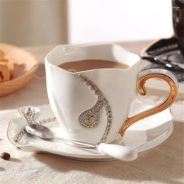 Cups Saucers Creative Simple European Coffee Mug 3D Ceramic Office Teacup With Rhinestones Decor Porcelain Milk Cup Saucer Set Drinkware