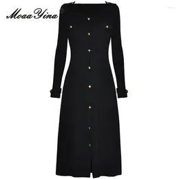 Casual Dresses MoaaYina Autumn Fashion Designer Black Vintage Knitted Dress Women's O Neck Single Breasted High Elastic Waist Slim Long