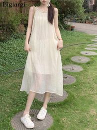 Casual Dresses Summer Mesh Sleeveless Slip Dress Women Sweet Fashion Loose Ruffle Pleated Ladies Korean Style Woman Long