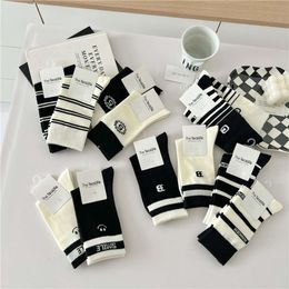 Socks & Hosiery 23 Autumn/winter Tea Women's Combed Cotton Black White Striped Letter Mid Length Korean Edition Academy Style Short