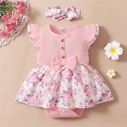 Girl's Dresses 2PCS Summer Newborn Girl Floral Cute Romper Dress Fly Sleeve Ribbed Jumpsuit with Headband Clothes for Toddler Girls 0-18 Months Y240412