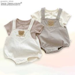 Clothing Sets 2023 New In Summer Newborn Baby Girls Boys Short Sleeve Solid Colour Top T-shirts +cartoon Bear Bodysuits Kid Infant Clothing Set Y240412