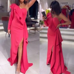 One Shoulder Evening Dresses Mermaid Long Prom Dress Elegant Long Sleeve Crepe Formal Party Gown with Slit