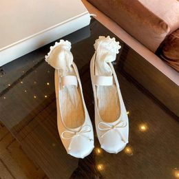 Casual Shoes Round Toe Bowtie Ballet Flats Women Ankle Elastic Band Mary Janes 41-43 Big Size Silk Moccasins Bow Slip On Loafers
