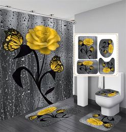 Floral Bath Mat and 180x180cm Shower Curtain Set Shower Curtain with Hooks Bath Rugs Anti Skid Bathroom Carpet Toilet Foot Pad Bat7972868