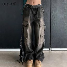 Women's Jeans Vintage 90s Pocket For Women Streetwear High Waist Harajuku Cargo Pants Y2K Trashy Straight Baggy Denim Trousers 2000s