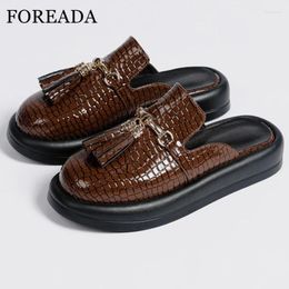 Casual Shoes FOREADA Women Mules Round Toe Flats Platform Tassel Metal Decoration Ladies Fashion Summer Black Dark Brown 43