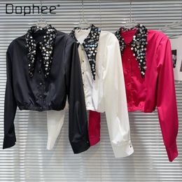 Women's Blouses Girl Sequined Pointed Collar For Women Fashion 2024 Spring Elegant Waist-Tight Long Sleeve Red Shirts