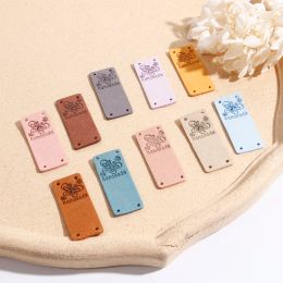 10pcs Multicolor PU Label Tags Rectangle Butterfly Pattern "Handmade" Faux Suede Garment For Hat Clothing Apparel Sewing 5cmx2cm