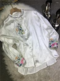 Women's Blouses Fashion Diamond-Embedded Heavy Embroidery Shirt Female Retro Satin Silky Long-Sleeved Cardigan Spring Autumn Blouse Women