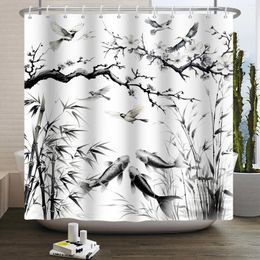 Shower Curtains Ink Painting Curtain Lucky Chinese Koi Bamboo Peach Blossoms Birds Bathroom Waterproof Bath Partition Home Decor