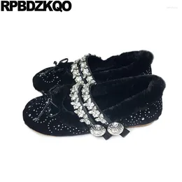 Casual Shoes Ballet Diamond Fur Mary Jane Height Increasing Ballerina Flats Fluffy Velvet Bride Designer Women Luxury 2024 Bow Brand