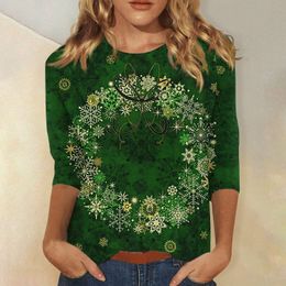 Womens Printed T-shirts Christmas Novelty T-shirts Xmas T-shirt Tops 3/4 Long Sleeve Crewneck Casual Pullover Shirt Plus Size