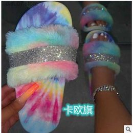 Slippers Fury slippers for women wearing on the outside with a middle heel and sponge cake sole two stripes Waterproof plat form thick bottom rhinestonel H240412