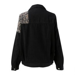 Ladies Leopard Print Patchwork Jean Jacket Temperament Long Sleeves Single Breasted Short Loose Coat Sexy Korean Winter Outer