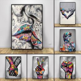 Street Graffiti Abstract Wall Art Poster Gestures Love Hearts David Lips Mural Modern Home Decor Canvas Painting Pictures Prints