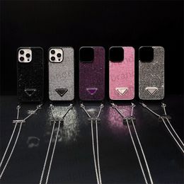 Bling Glitter Phone Case Designer iPhone Case Chain For iPhone 15 Pro Max 14 Pro 13 Case Clear Glitter Rhine Stone Case Bling Shiney Crossbody Shoulder Strap Cover